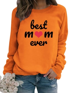 Detail of Best Mom Ever orange crewneck sweatshirt showing rib knit cuffs and heart print