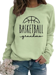 Detail of sage green basketball grandma sweatshirt with ribbed collar and casual print
