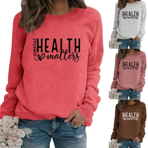 Detail view of mental health matters print on round neck long sleeve sweatshirt