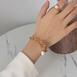 18k gold plated chunky chain bracelet with pearl pendant and matching ring set