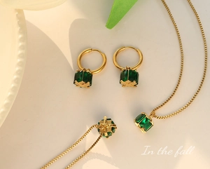 Macro view of emerald green square zircon necklace and earrings in gold settings