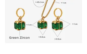 Detail of green zircon necklace and earrings set with gold finish and dimensions
