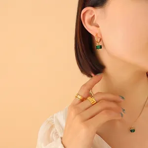 Necklace And Earrings Stainless Steel Green Square Zircon Emerald Style Box Chain Vintage Elegant Jewelry For Women
