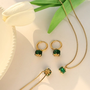 Golden titanium steel jewelry set with square emerald zircon necklace and earrings