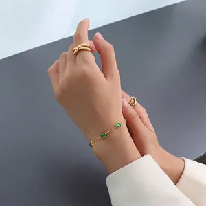 Vintage Bracelet Emerald Green Zircon Titanium Steel 18K Gold Plated Rectangle Cut Gemstone Adjustable Chain For Women