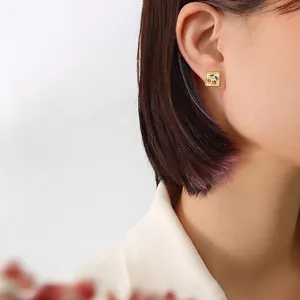 French style 18K gold plated square cherry stud earrings for women in chic design