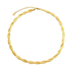 Golden 18K gold-plated twisted rope choker necklace with interlaced flat snake chains