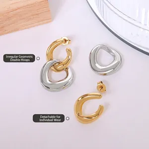 French style dual-tone detachable geometric double ring earrings plated in 18k gold