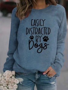 Detail of grey blue dog lover sweatshirt with Easily Distracted by Dogs print