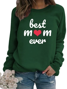 Detail of Best Mom Ever print on dark green crewneck sweatshirt with heart motif