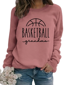 Close-up of ribbed neckline and Basketball Grandma print on dusty pink sweatshirt