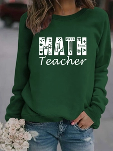 Detail of dark green math teacher sweatshirt featuring white formula graphic and icons