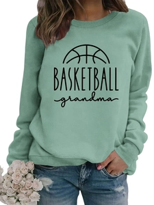 Detail of light green Basketball Grandma sweatshirt showing ribbed neckline and print texture
