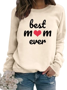 Close-up of Best Mom Ever sweatshirt featuring a red heart and ribbed crewneck detail