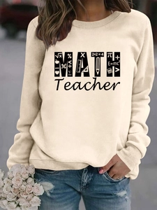 Close-up of beige math teacher sweatshirt featuring formula-filled typography and ribbed neck