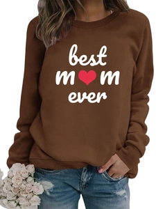 Detail of Best Mom Ever brown sweatshirt featuring ribbed cuffs and white cursive lettering