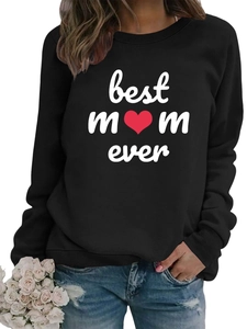 Detail of Best Mom Ever print on black cotton sweatshirt with red heart and ribbed cuffs