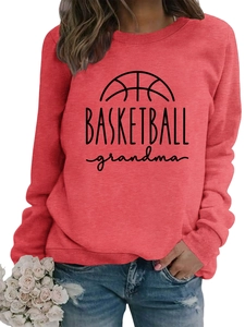 Detail of red crewneck sweatshirt with Basketball Grandma print and ribbed sleeve cuffs