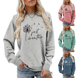 Sweat-shirt Imprimé Pissenlit Just Breathe Femmes Décontracté Mélange de Coton Col Rond Manches Longues Pullover Mode Streetwear
