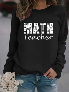 Detail of crewneck sweatshirt featuring artistic Math Teacher print with academic symbols
