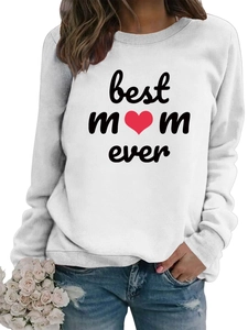 Detail of Best Mom Ever cursive print with red heart on a white cotton blend sweatshirt