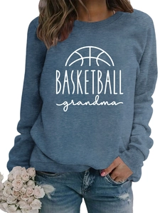 Close-up of Basketball Grandma print on a soft blue-grey crewneck knit sweatshirt