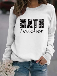 Detailed close-up of Math Teacher graphic print on white long-sleeve crewneck sweatshirt