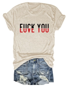 Detailed flat lay of oat-colored cotton T-shirt with Love You print and ripped denim shorts