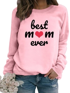 Close-up of pink 'best mom ever' sweatshirt with heart graphic and soft cotton texture