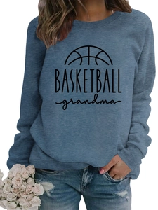 Close-up of BASKETBALL grandma print on blue-gray long sleeve crewneck sweatshirt