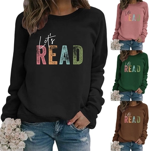 Multiple views of 'LET'S READ' long-sleeve sweatshirts in pink, black, green and brown