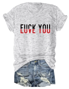 Detailed view of heathered grey T-shirt featuring LOVE YOU print and frayed denim shorts