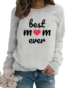 Detail of Best Mom Ever print on grey sweatshirt with red heart and rose flower