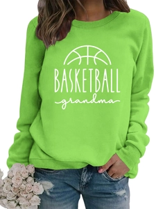 Detail of apple green Basketball Grandma sweatshirt with ribbed crew neck and white print