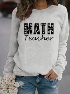 Detail of light grey math teacher sweatshirt with formula print and ribbed crewneck