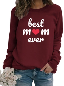 Detailed close-up of ribbed cuffs and Best Mom Ever print on burgundy sweatshirt