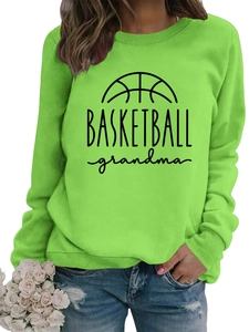 Close-up of ribbed crewneck and Basketball Grandma print on neon green sweatshirt