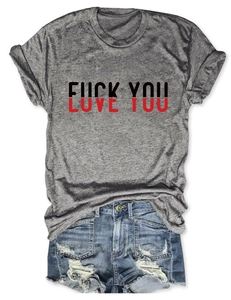 Flat lay of gray cotton t-shirt with Love You print and distressed denim shorts set