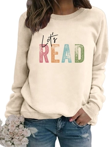 Detail of Let's Read vintage print on beige crewneck sweatshirt with ribbed cuffs