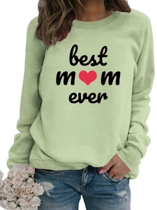 Detail of Best Mom Ever print and ribbed cuffs on light green crewneck sweatshirt