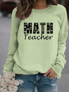 Close-up of avocado green sweatshirt with Math Teacher print and knit texture detail