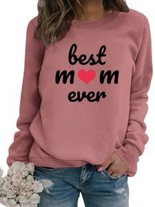Close-up of Best Mom Ever print on pink sweatshirt with red heart detail and rib cuffs