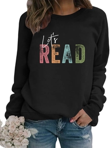 Detail of Let's READ printed pattern on casual black long sleeve sweatshirt