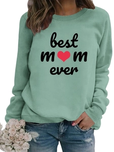 Detail of sage green Best Mom Ever sweatshirt with red heart and ribbed cuffs