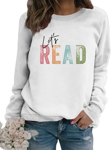 Detail of Let's Read rainbow print on white long sleeve crewneck sweatshirt for women
