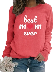 Close-up of Best Mom Ever letter print and heart on red cotton long sleeve sweatshirt