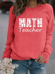 Detail of coral red math teacher sweatshirt with ribbed crewneck and formula print