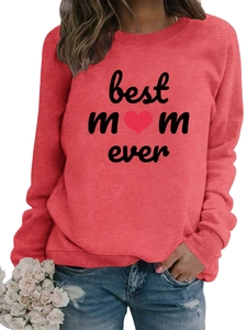 Close-up of Best Mom Ever print on pink long sleeve sweatshirt with denim styling