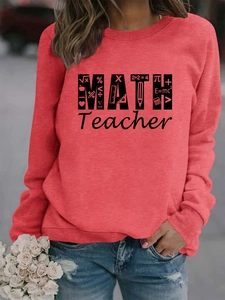 Detail of red Math Teacher sweatshirt with educational icons and ribbed cuffs