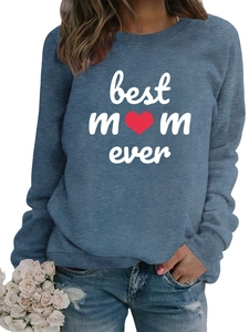 Detail of Best Mom Ever print and red heart on navy blue crewneck sweatshirt